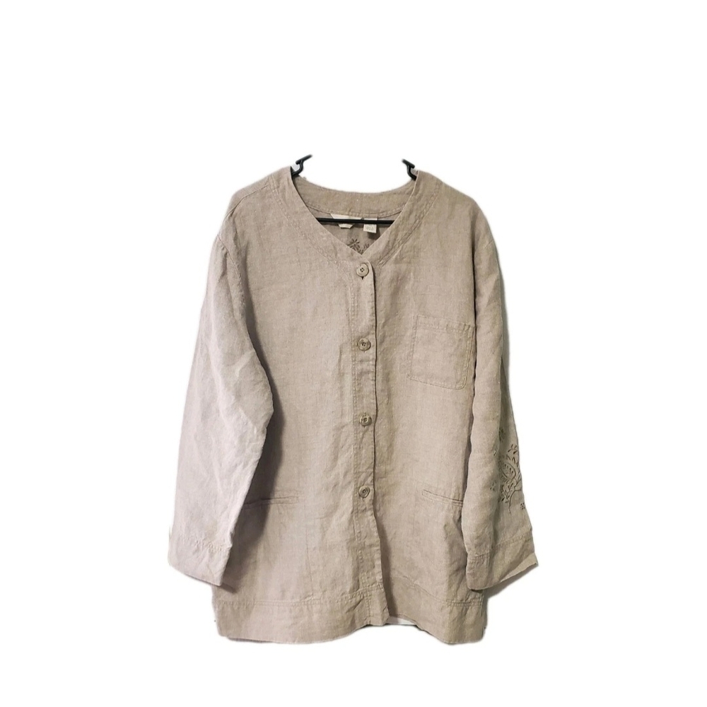 J. JILL Shirt Womens XLarge Beige  Linen Floral Embroidered Tunic Top Button Up